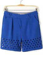 Romwe Blue Pockets Hollow Straight Shorts