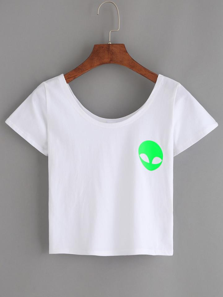 Romwe White Alien Print Crop T-shirt