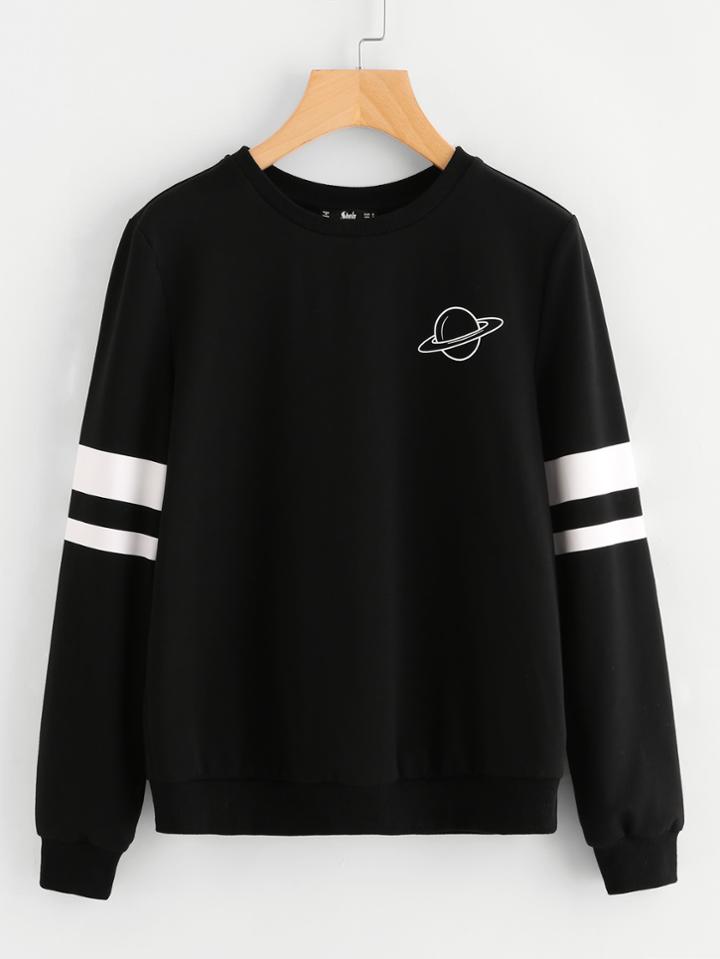 Romwe Planet And Varsity Print Sweatshirt