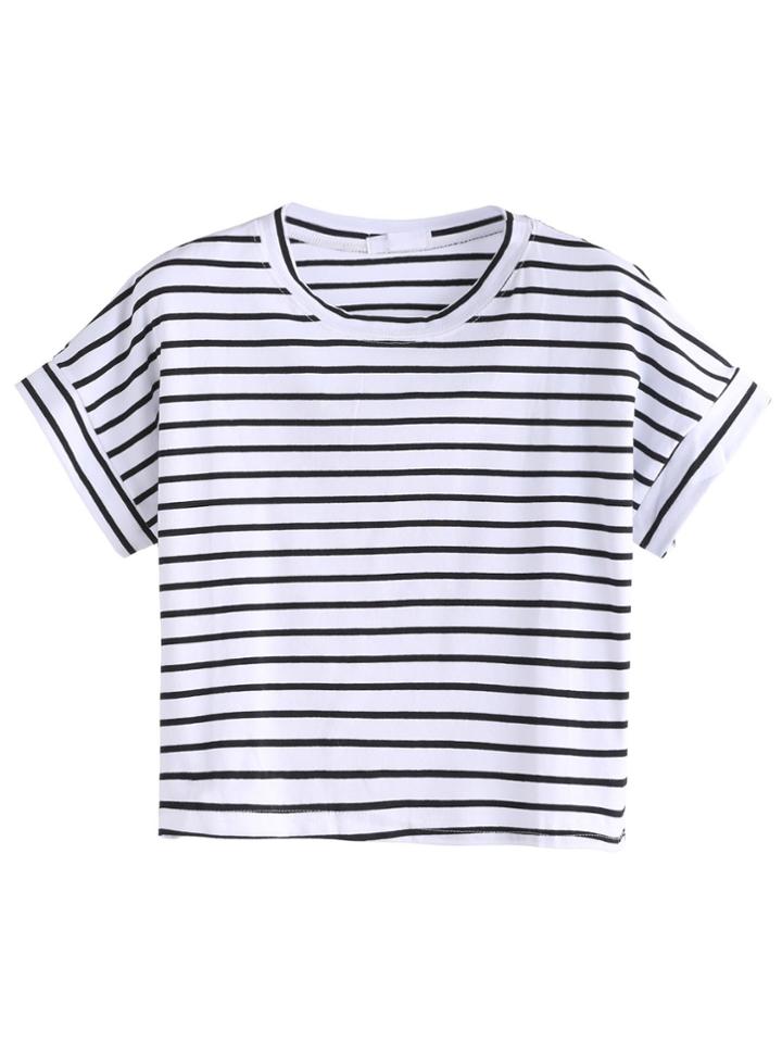 Romwe Black And White Striped Crop T-shirt