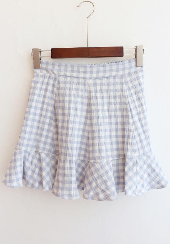 Romwe Peplum Hem Plaid Blue Skirt