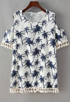 Romwe Open Shoulder With Tassel Coconut Trees Print Dress
