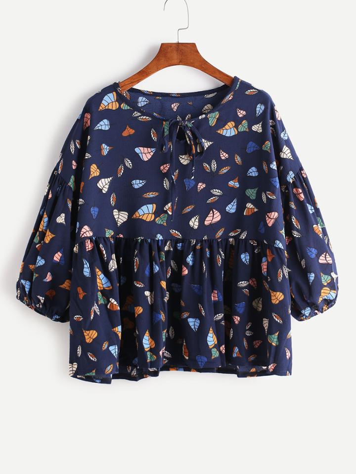 Romwe Lace Up Front Lantern Sleeve Frill Hem Top