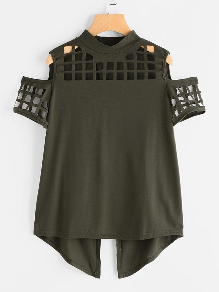 Romwe Cold Shoulder Laser Cut Out Slit Back Tee