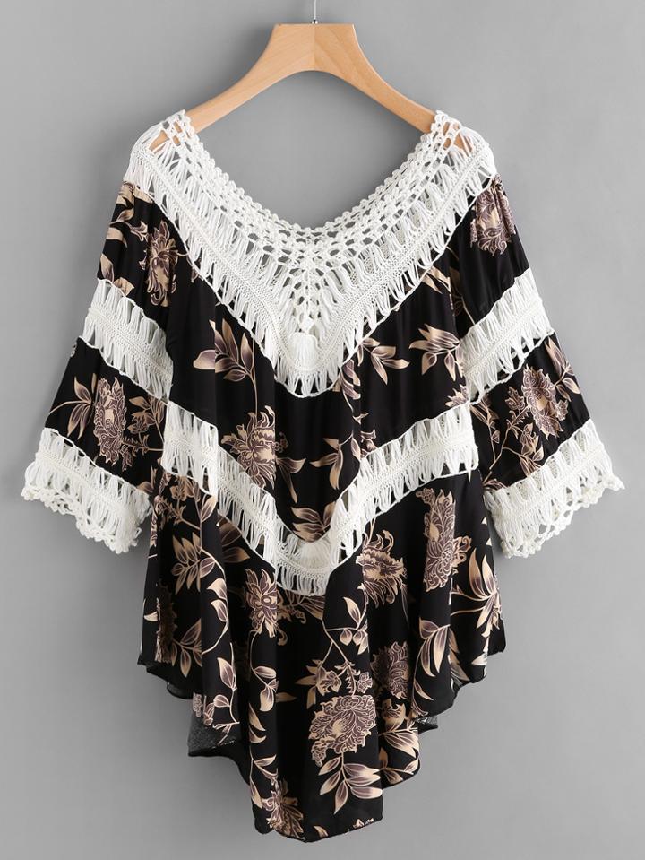 Romwe Calico Print Crochet Detail V Neckline Cover Up