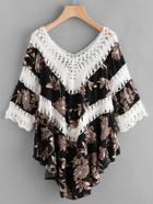 Romwe Calico Print Crochet Detail V Neckline Cover Up