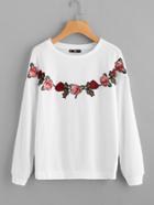 Romwe Embroidered Rose Patch Drop Shoulder Pullover