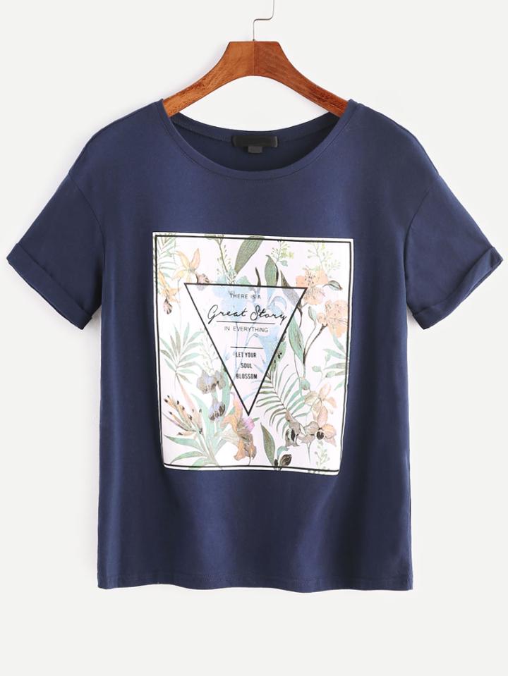 Romwe Navy Printed Cuffed T-shirt