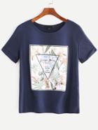 Romwe Navy Printed Cuffed T-shirt