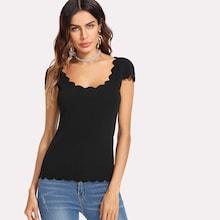 Romwe Cap Sleeve Scallop Trim Solid Tee