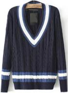 Romwe V Neck Cable Knit Navy Sweater
