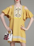 Romwe Yellow Open Shoulder Embroidered Ruffle Dress