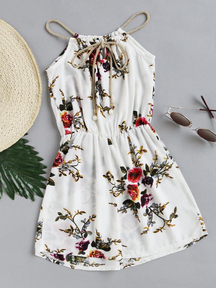 Romwe Floral Print Random Self Tie Neck Cami Romper