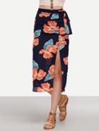Romwe Floral Print Split Side Self-tie Skirt