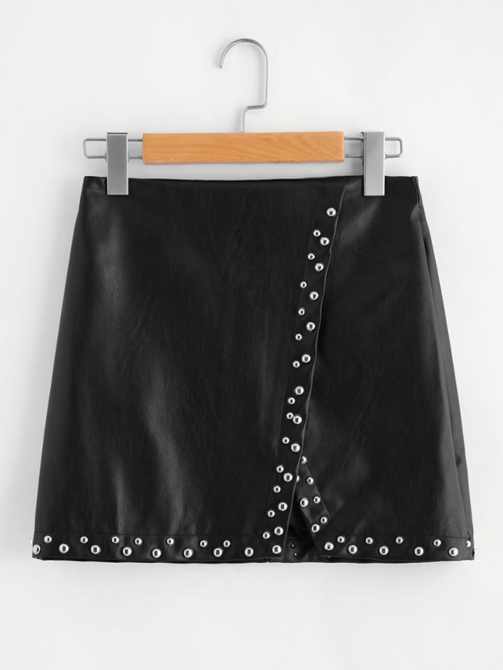 Romwe Studded Wrap Leather Skirt