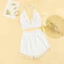 Romwe Criss Cross Back Top With Fringe Detail Shorts