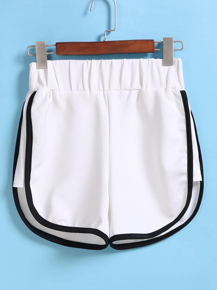 Romwe Elastic Waist Contrast Edge White Shorts