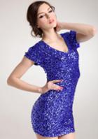 Romwe V Neck Sequined Bodycon Blue Dress