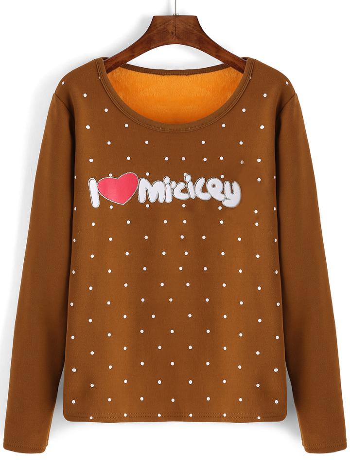 Romwe Polka Dot Letter Print Thicken Khaki T-shirt