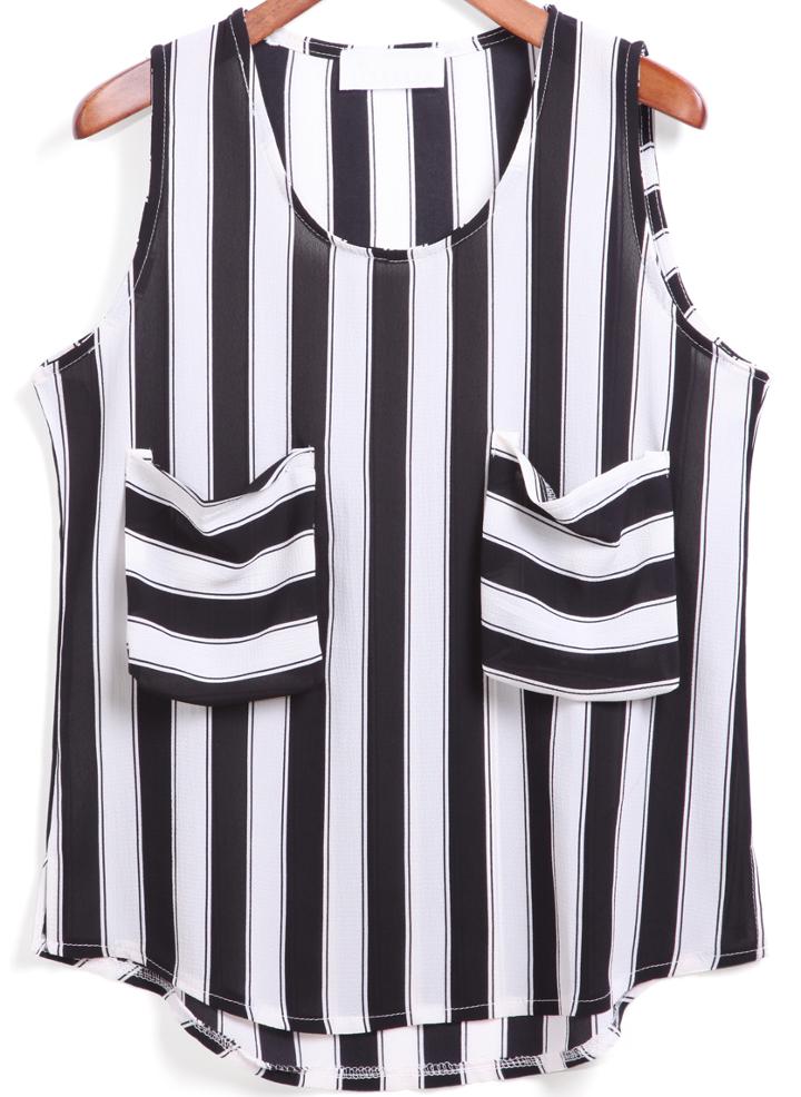 Romwe Black White Vertical Stripe Pockets Tank Top