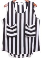 Romwe Black White Vertical Stripe Pockets Tank Top