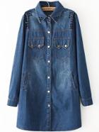 Romwe Lapel With Bead Pockets Denim Blue Coat