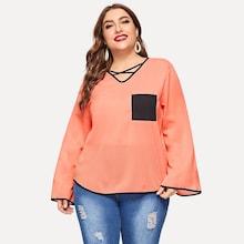 Romwe Plus Contrast Trim Curved Hem Blouse