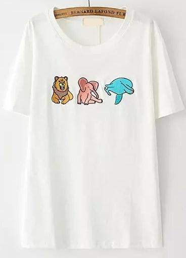 Romwe Dolphins Elephants Embroidered White T-shirt