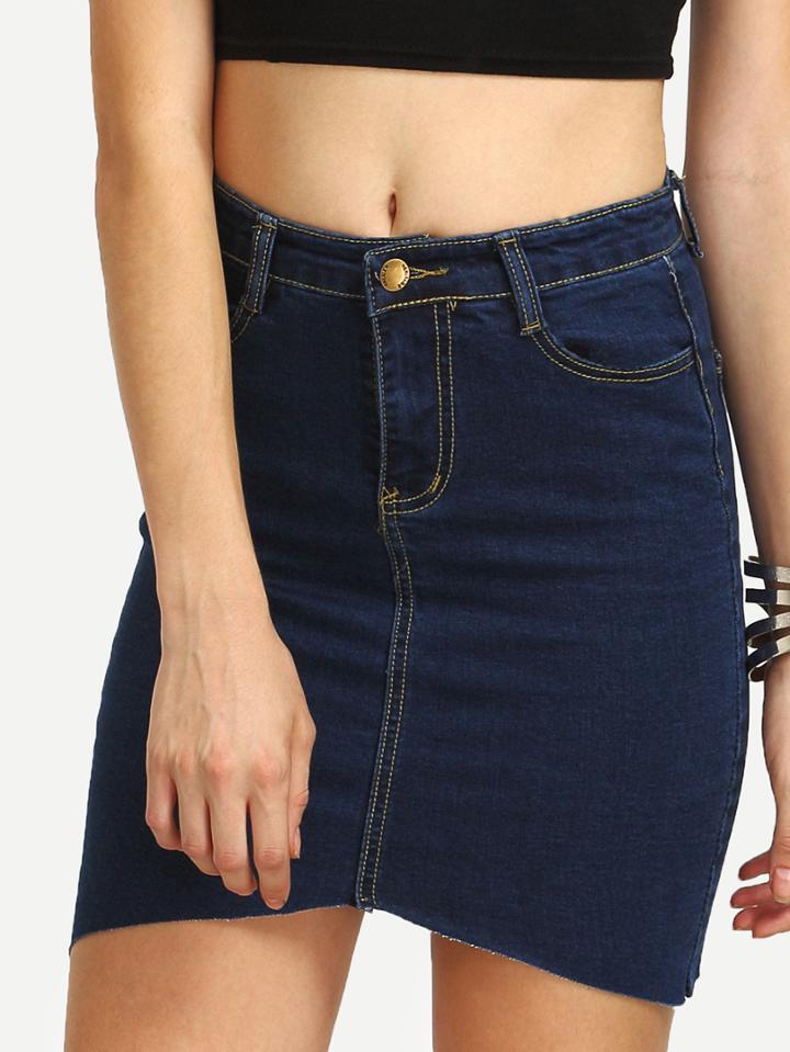 Romwe Blue Denim Raw Hem Pencil Skirt