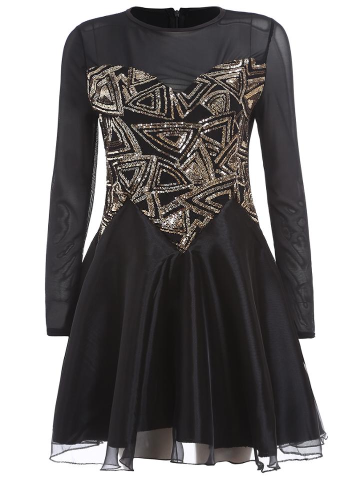 Romwe Sheer Mesh Sequined Flare Dress