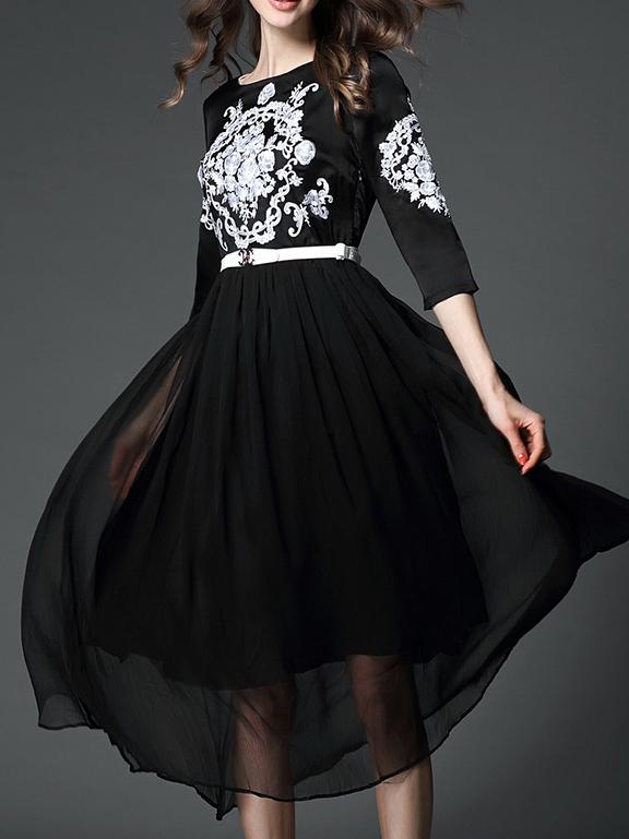 Romwe Black Embroidered Belted A-line Dress