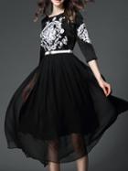 Romwe Black Embroidered Belted A-line Dress