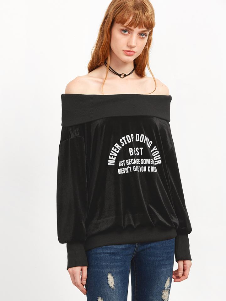 Romwe Black Letter Print Off The Shoulder Sweatshirt