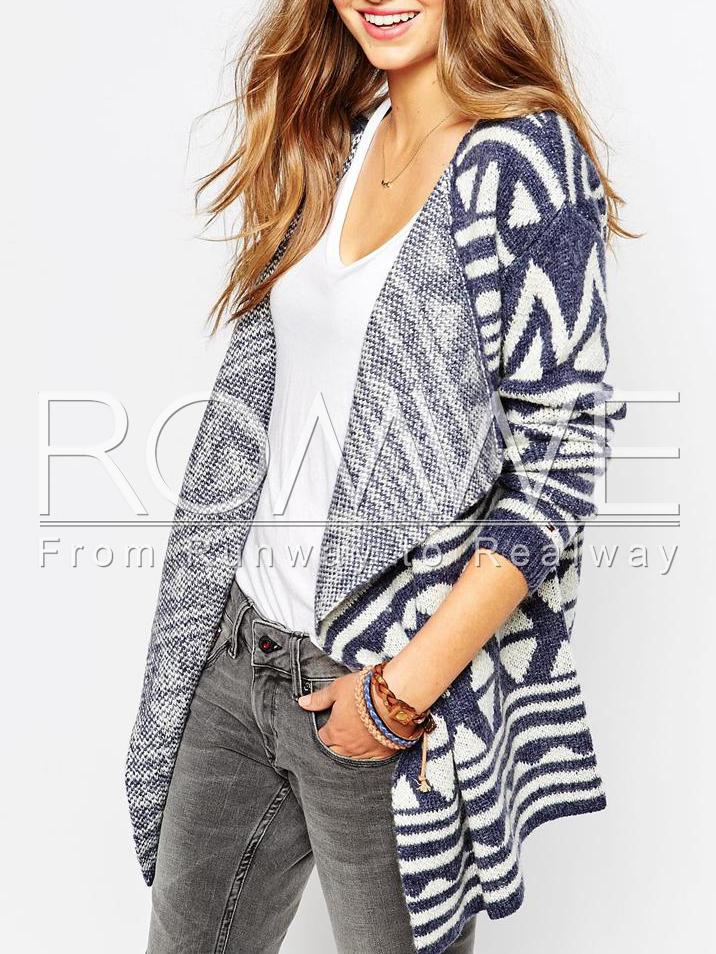 Romwe Blue White Long Sleeve Geometric Print Sweater