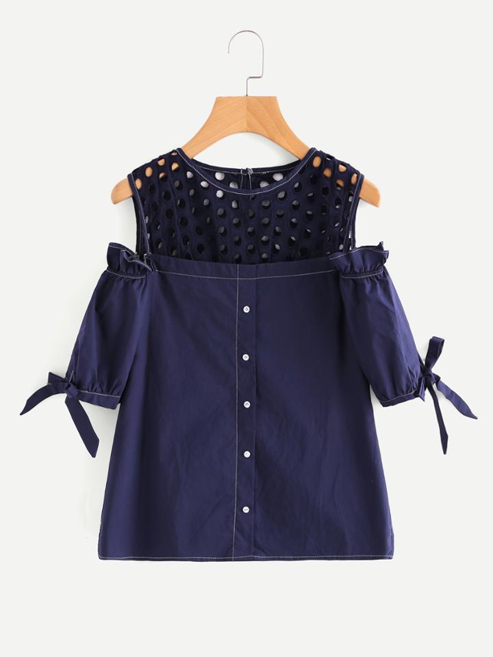Romwe Eyelet Embroidered Panel Open Shoulder Tie Cuff Top