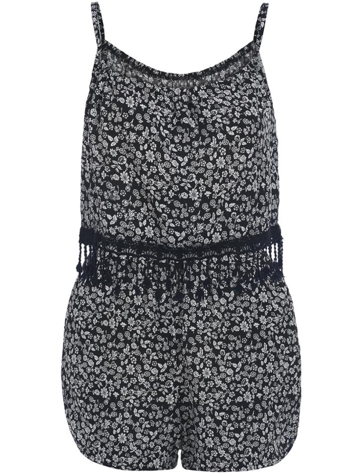 Romwe Spaghetti Strap Tassel Flower Print Top With Shorts