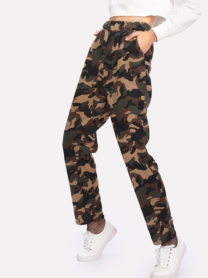 Romwe Faux Fleece Lined Camo Sweatpants