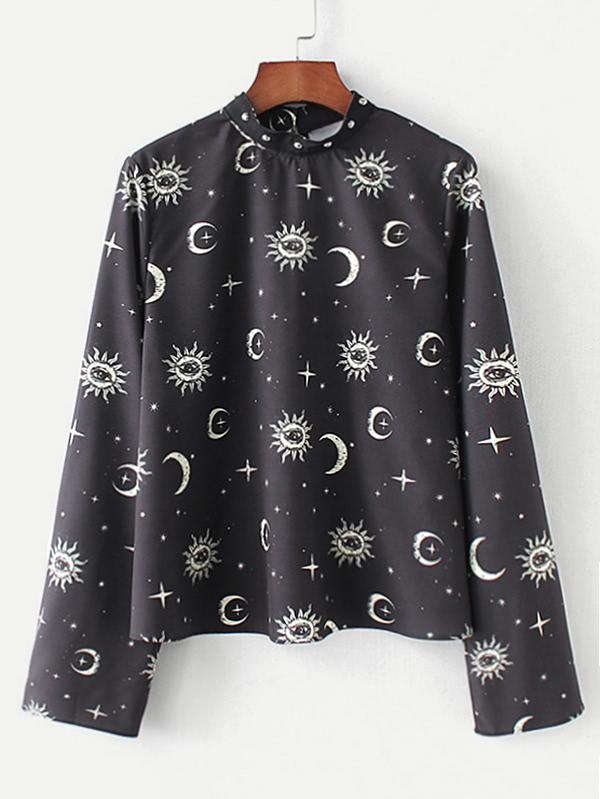 Romwe Sun Moon Print Studded Mock Neck Blouse
