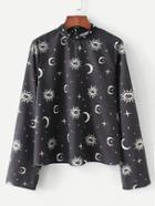 Romwe Sun Moon Print Studded Mock Neck Blouse