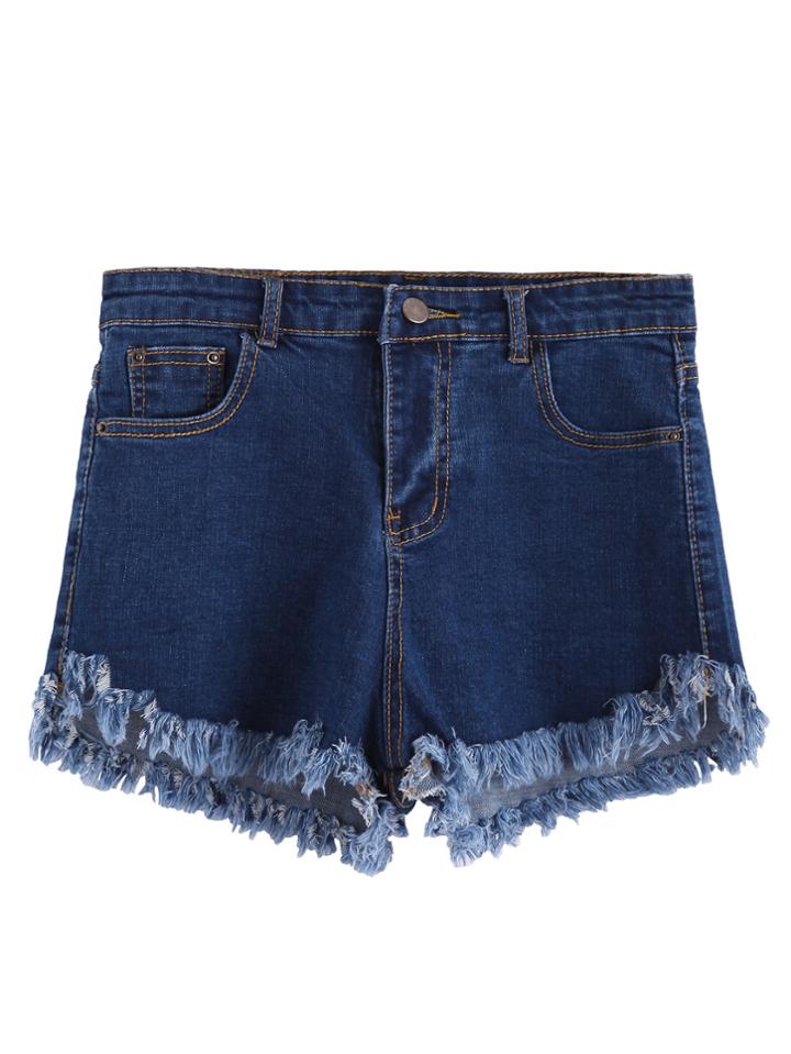Romwe Dark Blue Frayed Hem Denim Shorts