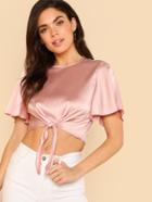 Romwe Knot Front Flutter Sleeve Satin Top