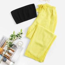 Romwe Ribbed Bandeau Top & Tie Waist Pants Pj Set