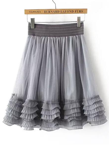 Romwe Grey Cascading Ruffle Mesh Skirt
