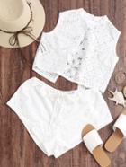 Romwe Split Back Lace Top With Drawstring Waist Lace Shorts
