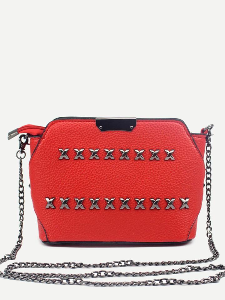 Romwe Red Pebbled Pu Zip Closure Studded Chain Bag