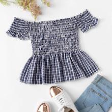 Romwe Off Shoulder Ruffle Hem Checked Blouse