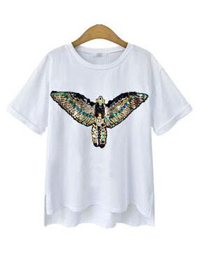 Romwe Sequin Bird High Low T-shirt