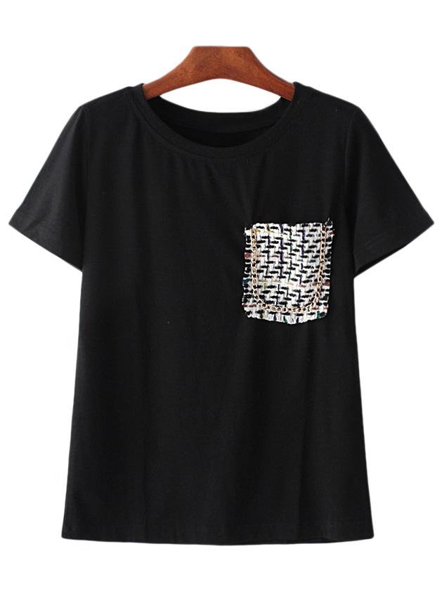 Romwe Black Short Sleeve Knit Pocket T-shirt