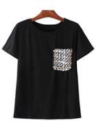 Romwe Black Short Sleeve Knit Pocket T-shirt