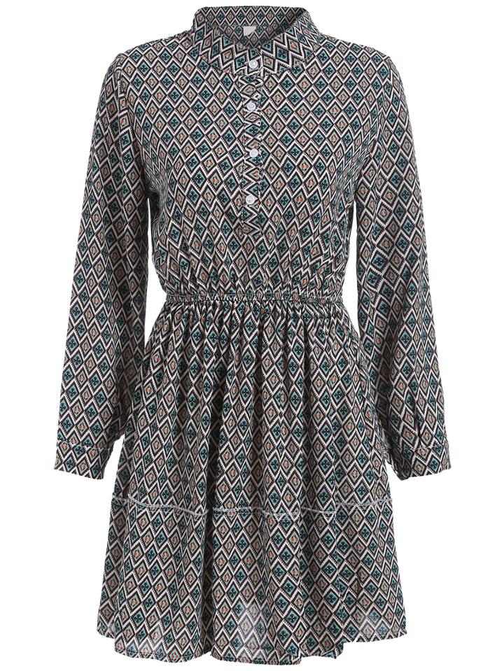 Romwe Stand Collar Tribal Print Buttons Shirt Dress